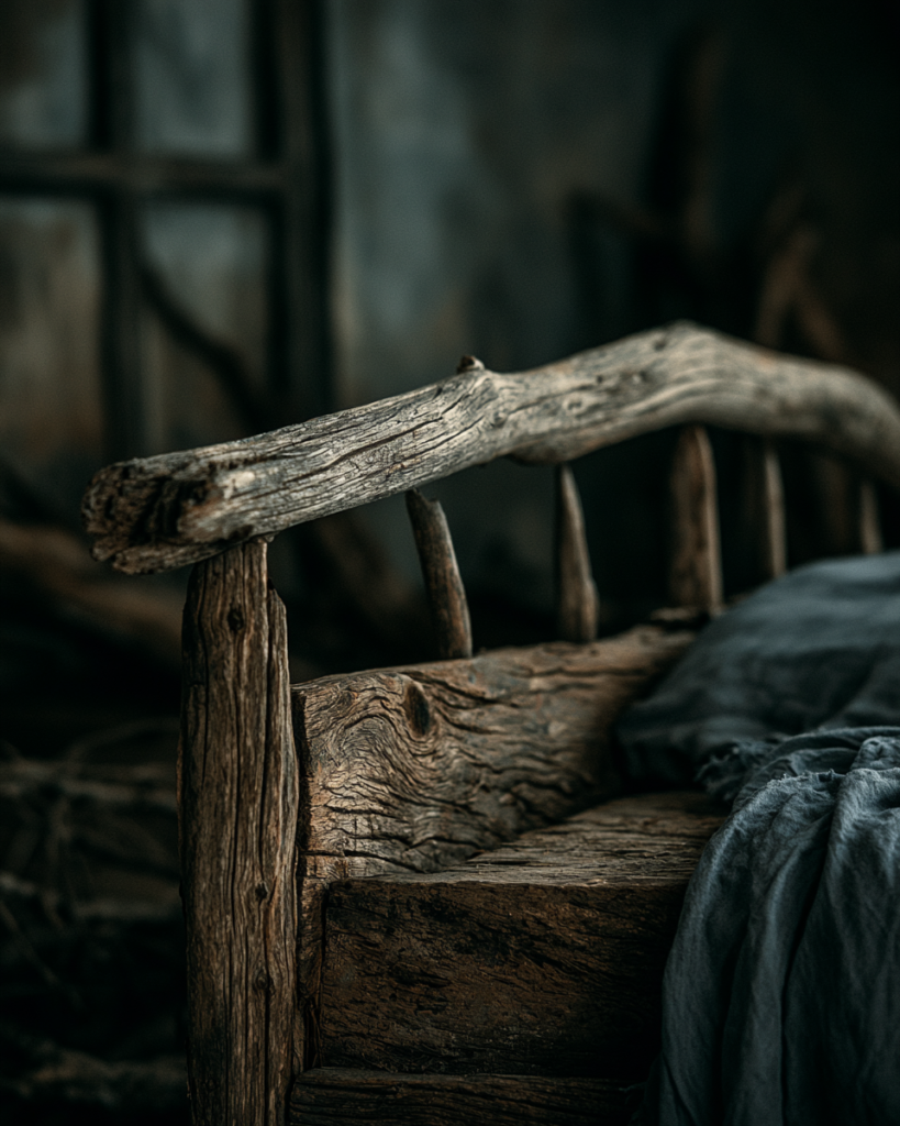 Layered rope, driftwood, and brass textures in a coastal gothic bedroom
