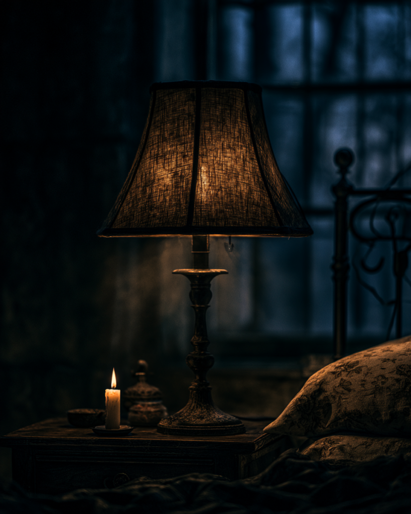 Bedside lamp lighting in a coastal gothic bedroom