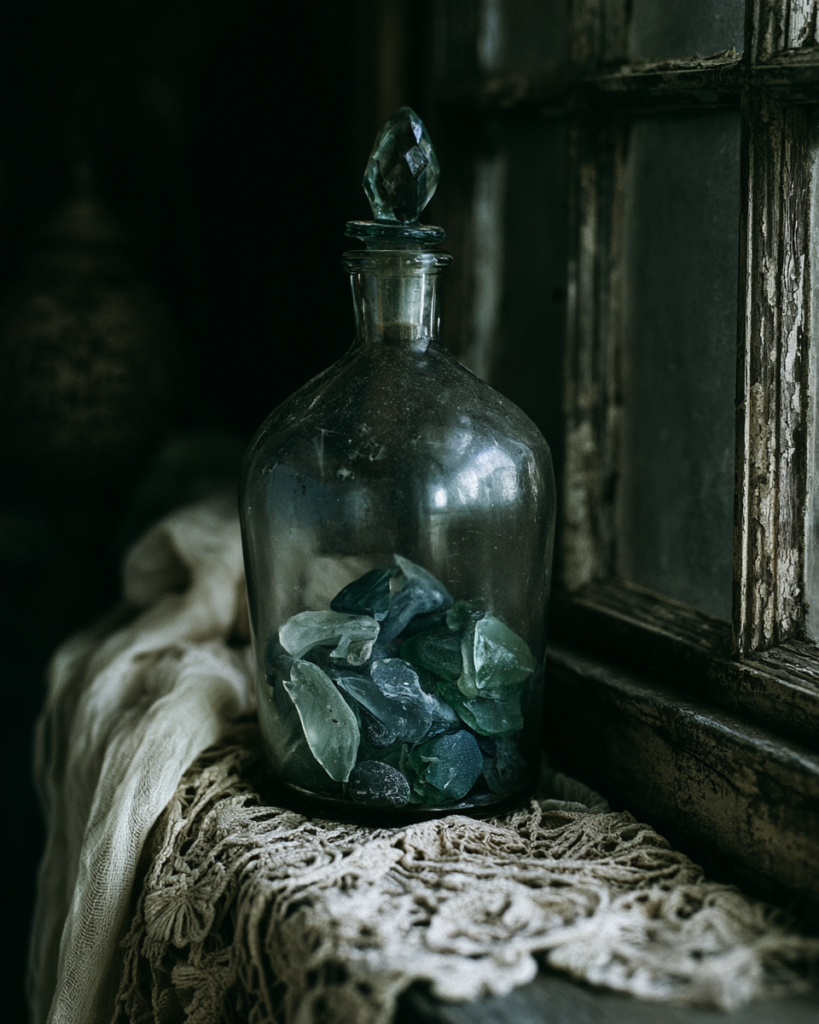 Sea glass cluster in a glass jar on a coastal gothic bedroom windowsill