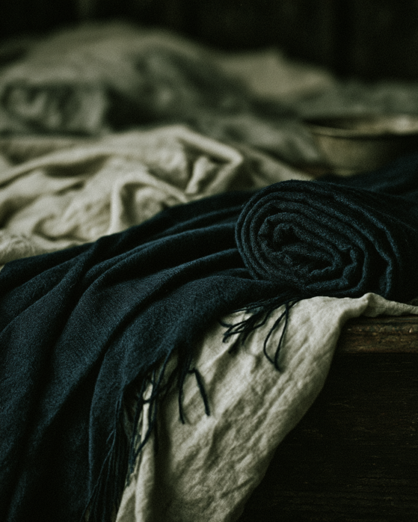 Weathered linen bedding and wool throw in a coastal gothic bedroom