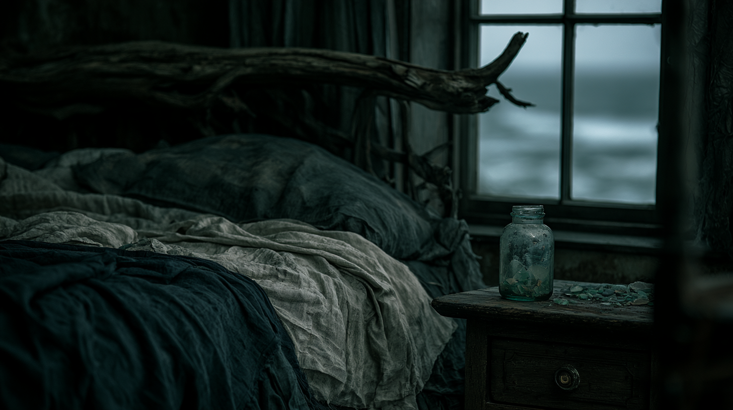 Coastal gothic bedroom with driftwood headboard and weathered linens