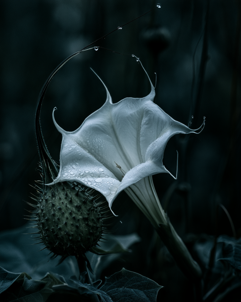 Datura flower drooping downward over a spined seed pod, with dew on the surrounding leaves