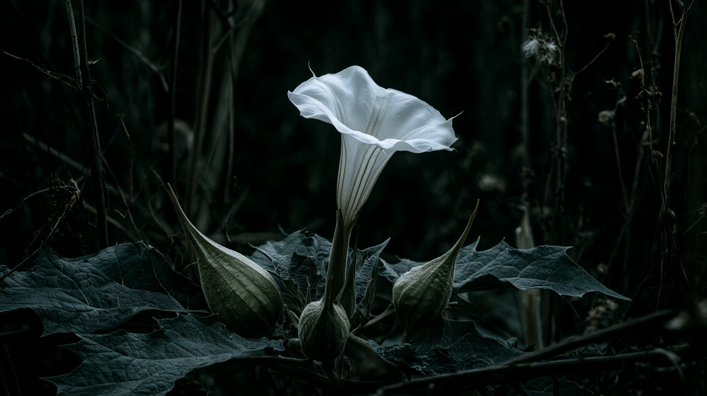 Datura plant at dusk with one open white trumpet flower and three spined seed pods among dark toothed leaves