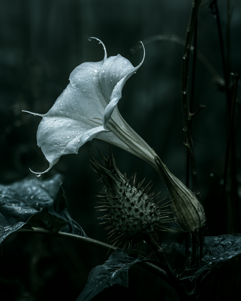Dew-covered datura flower angled beside a spined seed pod with droplets on the curling tendrils above