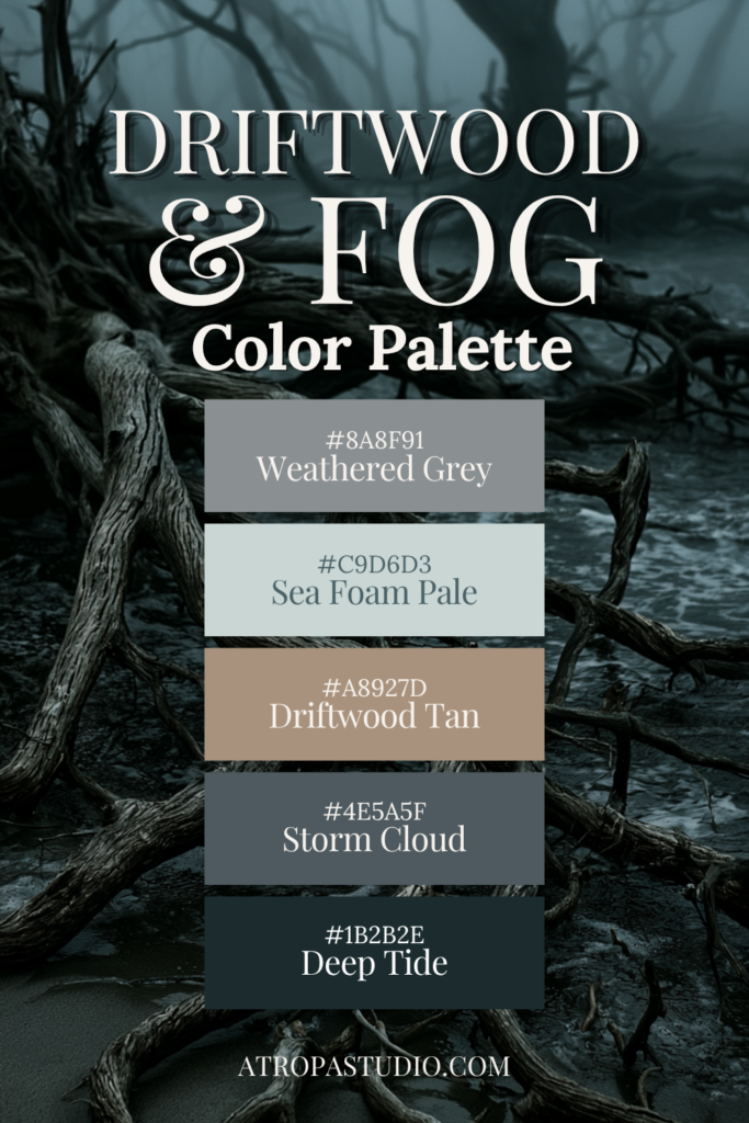 Driftwood and Fog coastal gothic color palette with weathered grey, sea foam pale, driftwood tan, storm cloud, and deep tide swatches