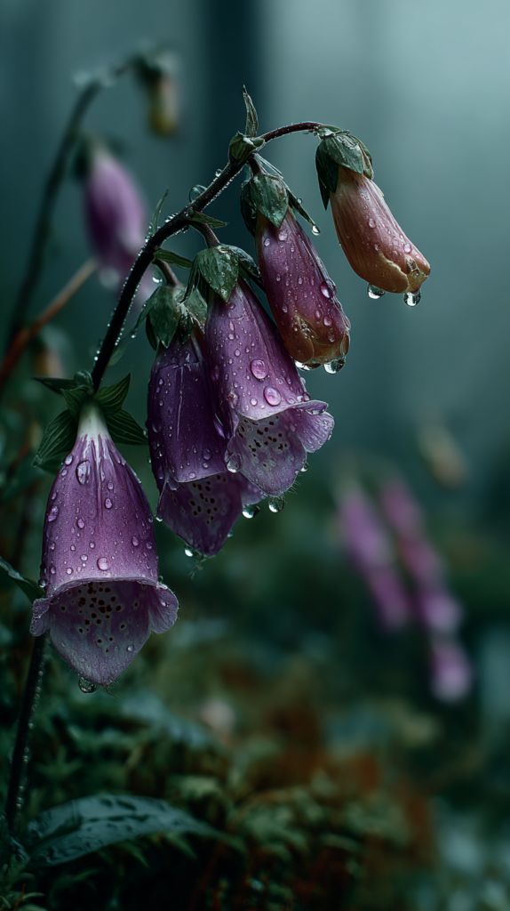 Foxglove bells covered in rain droplets, Digitalis purpurea, with a purple to rust color gradient