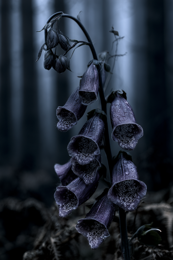 Dark purple foxglove bells, Digitalis purpurea, with dew drops in a shadowed forest