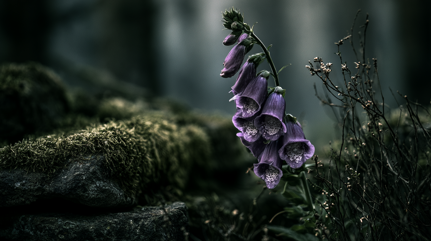 Foxglove flower spike, Digitalis purpurea, blooming against a moss covered stone wall