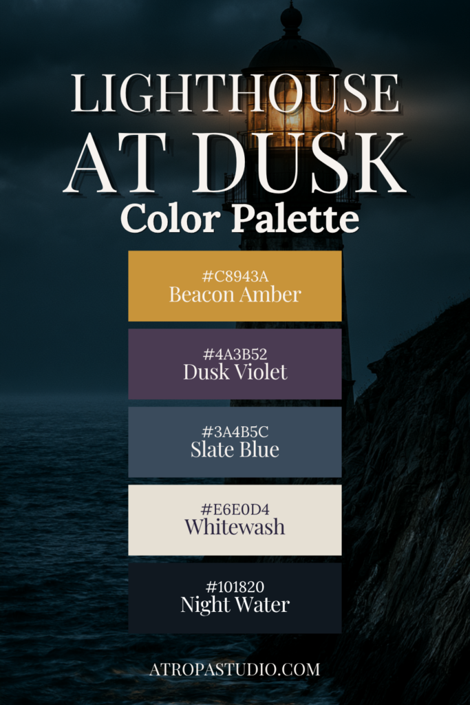 Lighthouse at Dusk coastal gothic color palette with beacon amber, dusk violet, slate blue, whitewash, and night water swatches