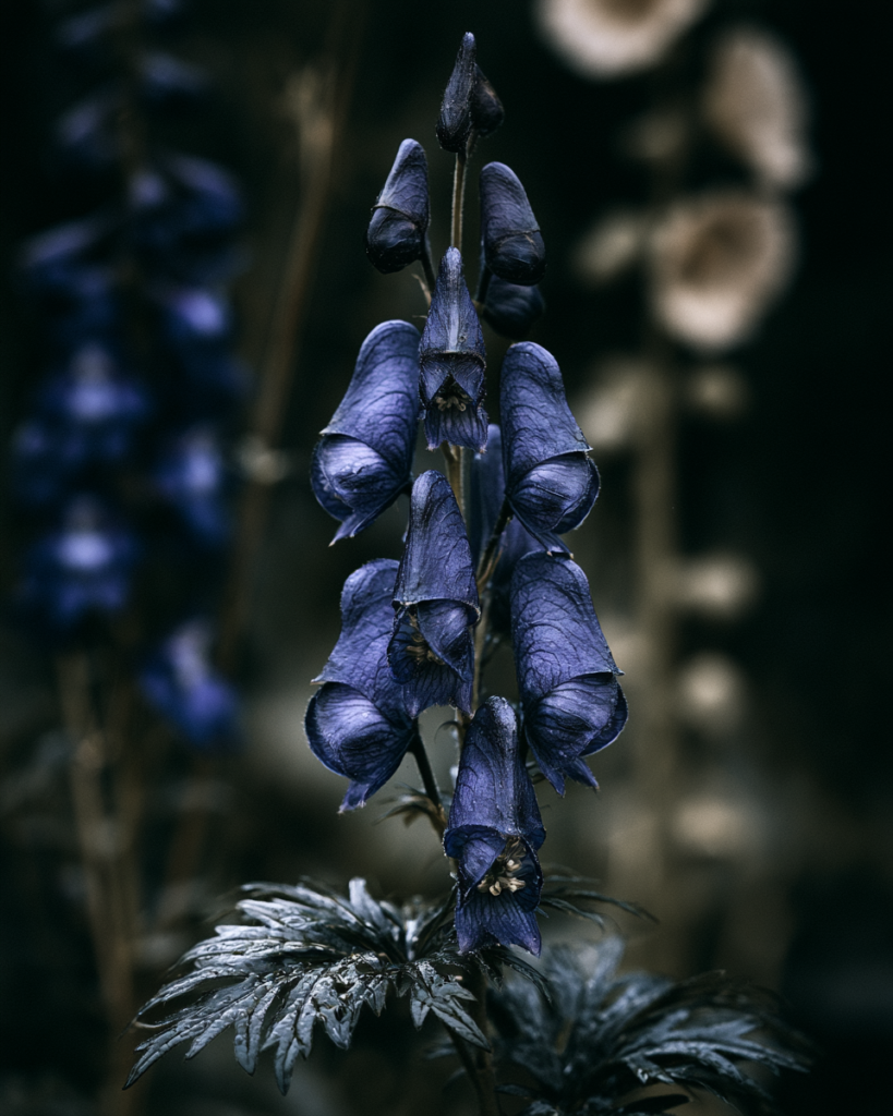 Monkshood growing in a shaded cottage garden border with pale flowers blurred in the background