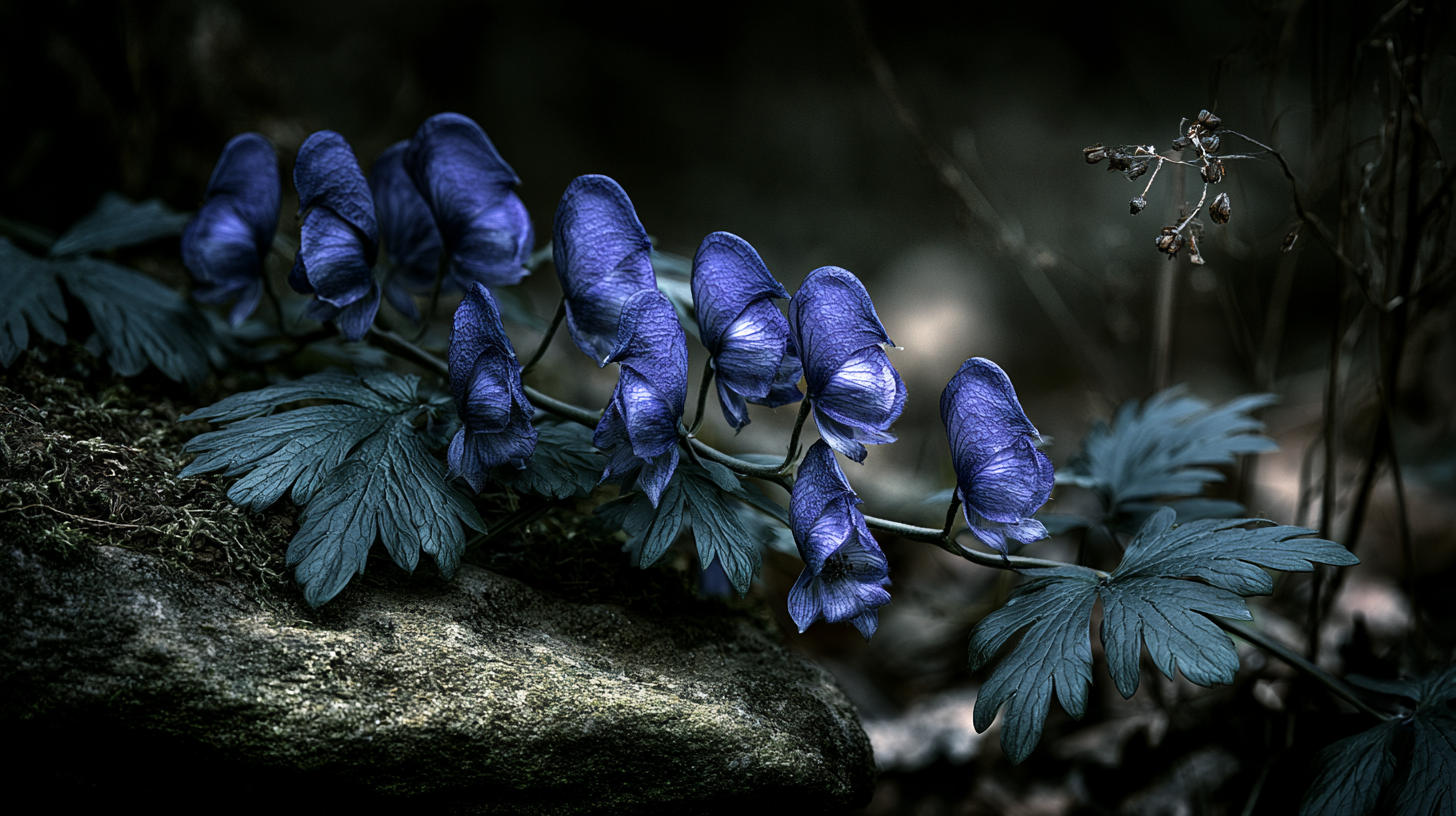 Monkshood trailing across a moss covered rock on a shaded forest floor with dried seed heads nearby