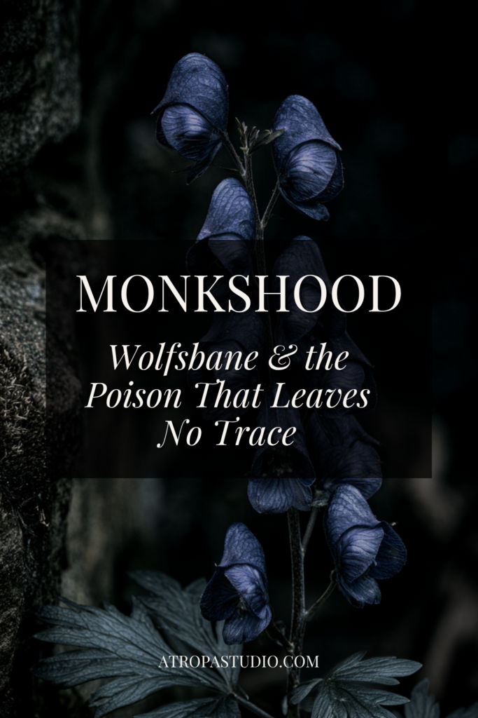Monkshood flowers glowing deep violet blue against black stone, Pinterest graphic reading Wolfsbane and the Poison That Leaves No Trace