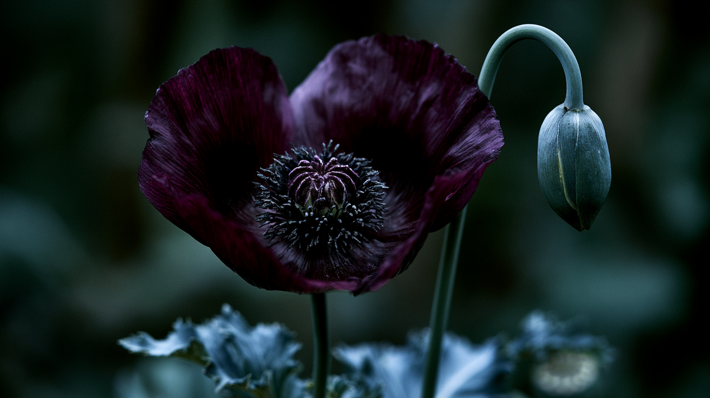 Opium poppy in near-black bloom beside a nodding grey-green seed pod bud, Papaver somniferum, in a shaded garden setting