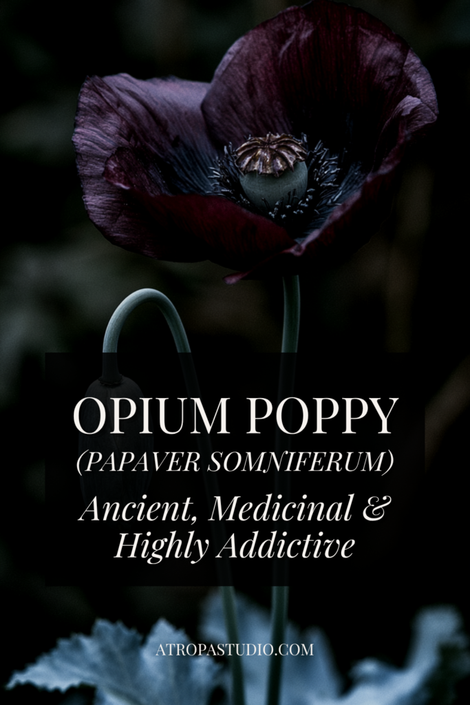 Opium poppy, Papaver somniferum, near-black bloom with seed pod, part of the Atropa Studio poison garden plant collection