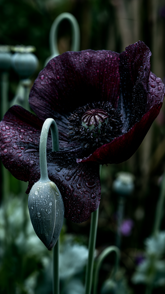 Macro view of a rain-soaked opium poppy flower, Papaver somniferum, with visible stamen detail and a drooping seed pod bud