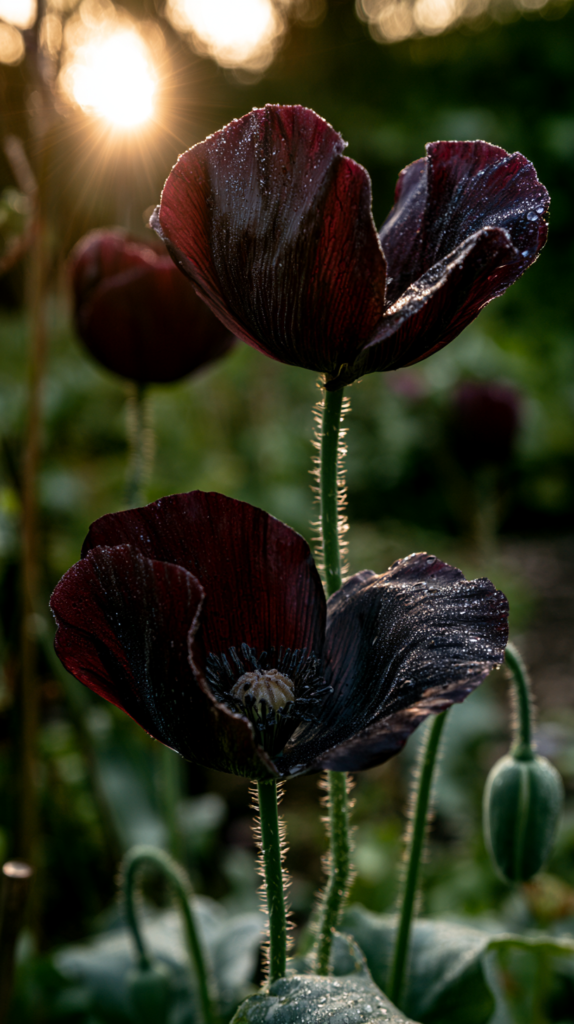 Backlit opium poppy blooms at sunset, Papaver somniferum, with deep red and near-black petals glowing against low sun