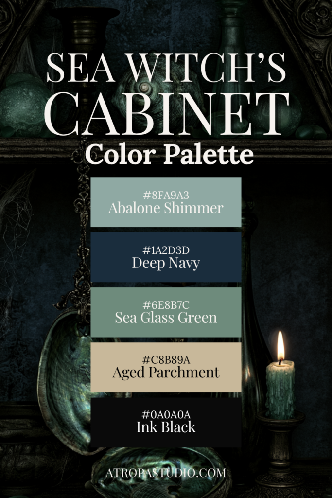Sea Witch's Cabinet coastal gothic color palette with abalone shimmer, deep navy, sea glass green, aged parchment, and ink black swatches
