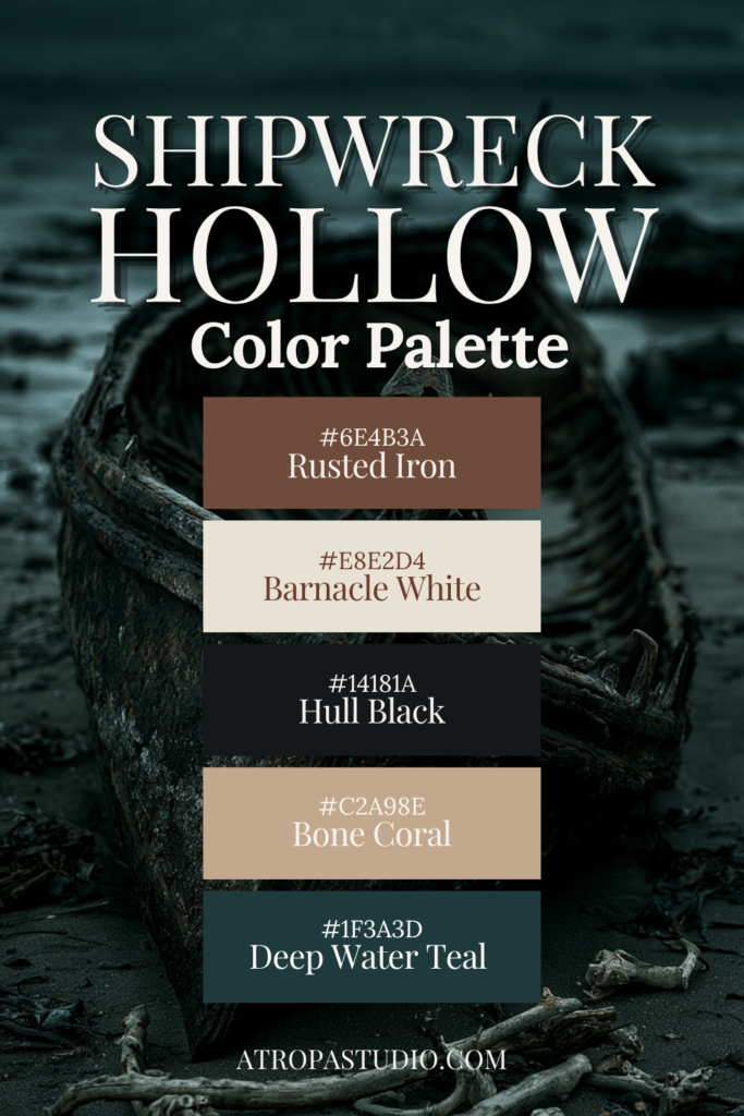Shipwreck Hollow coastal gothic color palette with rusted iron, barnacle white, hull black, bone coral, and deep water teal swatches