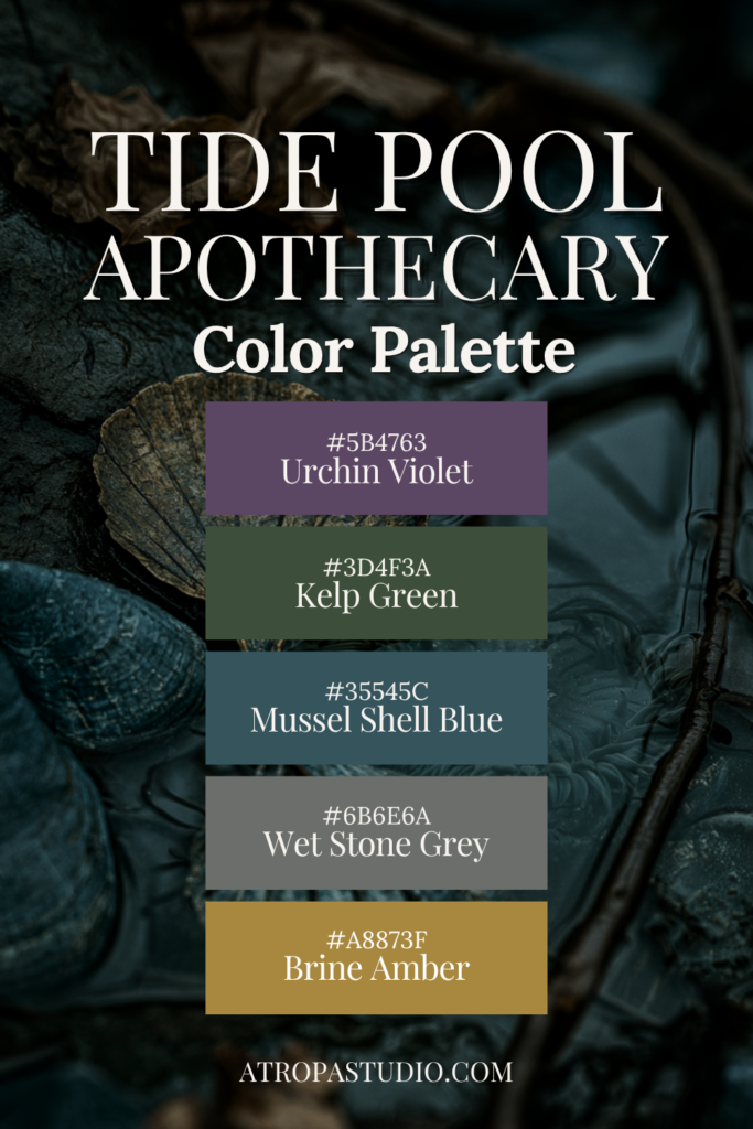 Tide Pool Apothecary coastal gothic color palette with urchin violet, kelp green, mussel shell blue, wet stone grey, and brine amber swatches