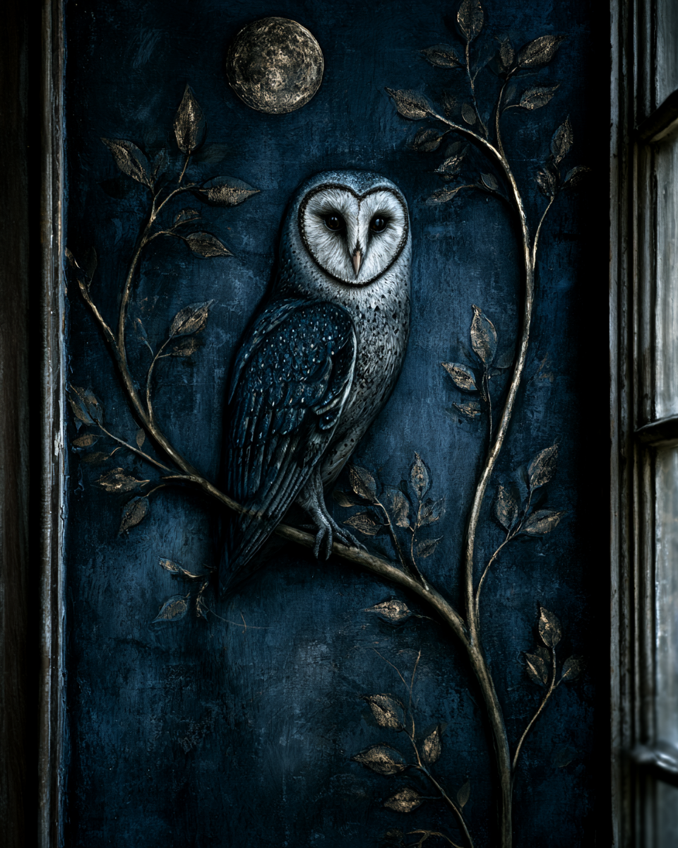 Dark cottagecore wallpaper featuring a barn owl on a navy wall with metallic moonlit branches