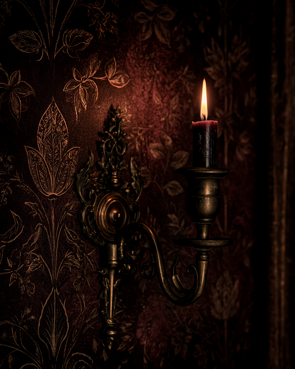 Dark cottagecore wallpaper with a lit candle sconce against burgundy botanical pattern