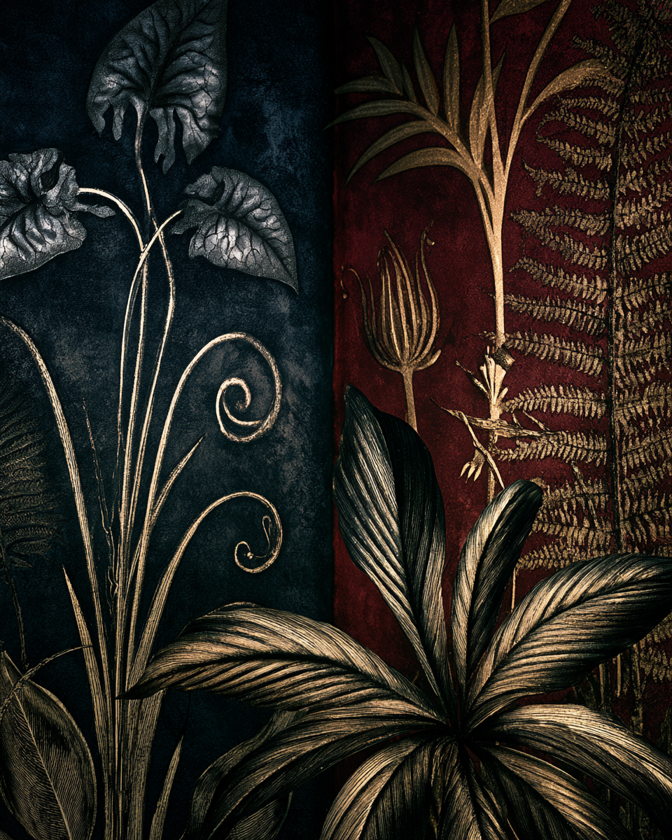 Dark cottagecore wallpaper in two color palettes, navy botanical and burgundy fern pattern