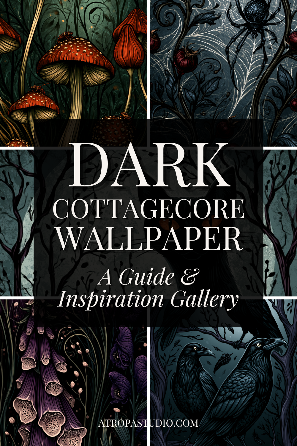 Dark cottagecore wallpaper guide cover featuring toadstool, spider web, foxglove, and raven pattern design and many others
