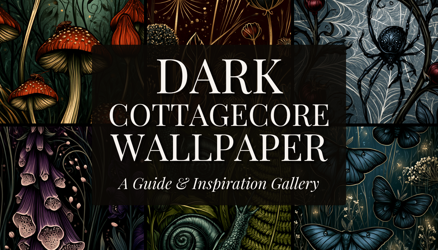 Dark cottagecore wallpaper collage with toadstool, foxglove, spider web, and moth pattern designs