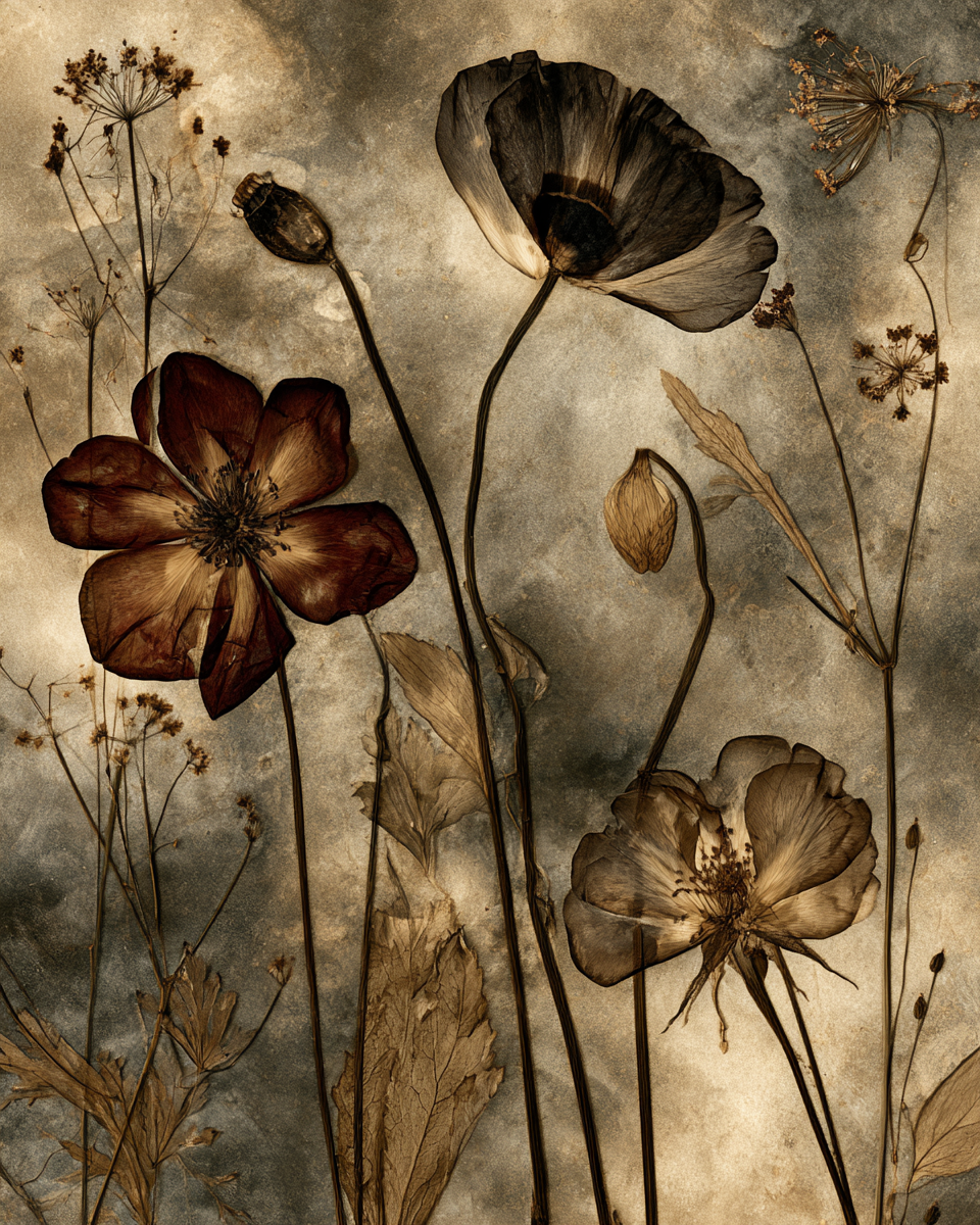 Dark cottagecore wallpaper with pressed botanical specimens, dried poppies and wildflowers in sepia tones