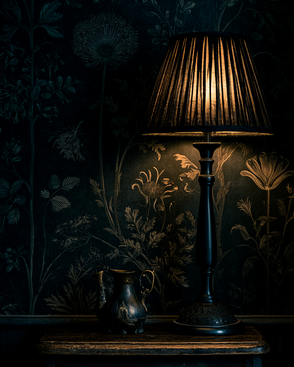 Dark cottagecore wallpaper in a Victorian-style room vignette with a lit table lamp