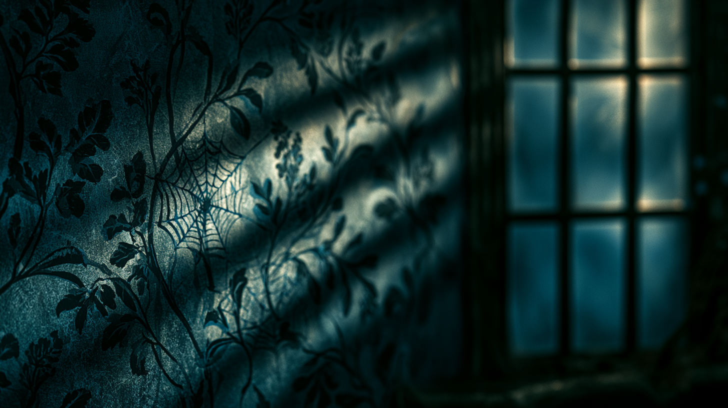 Dark cottagecore wallpaper with evening light falling across the pattern near a window